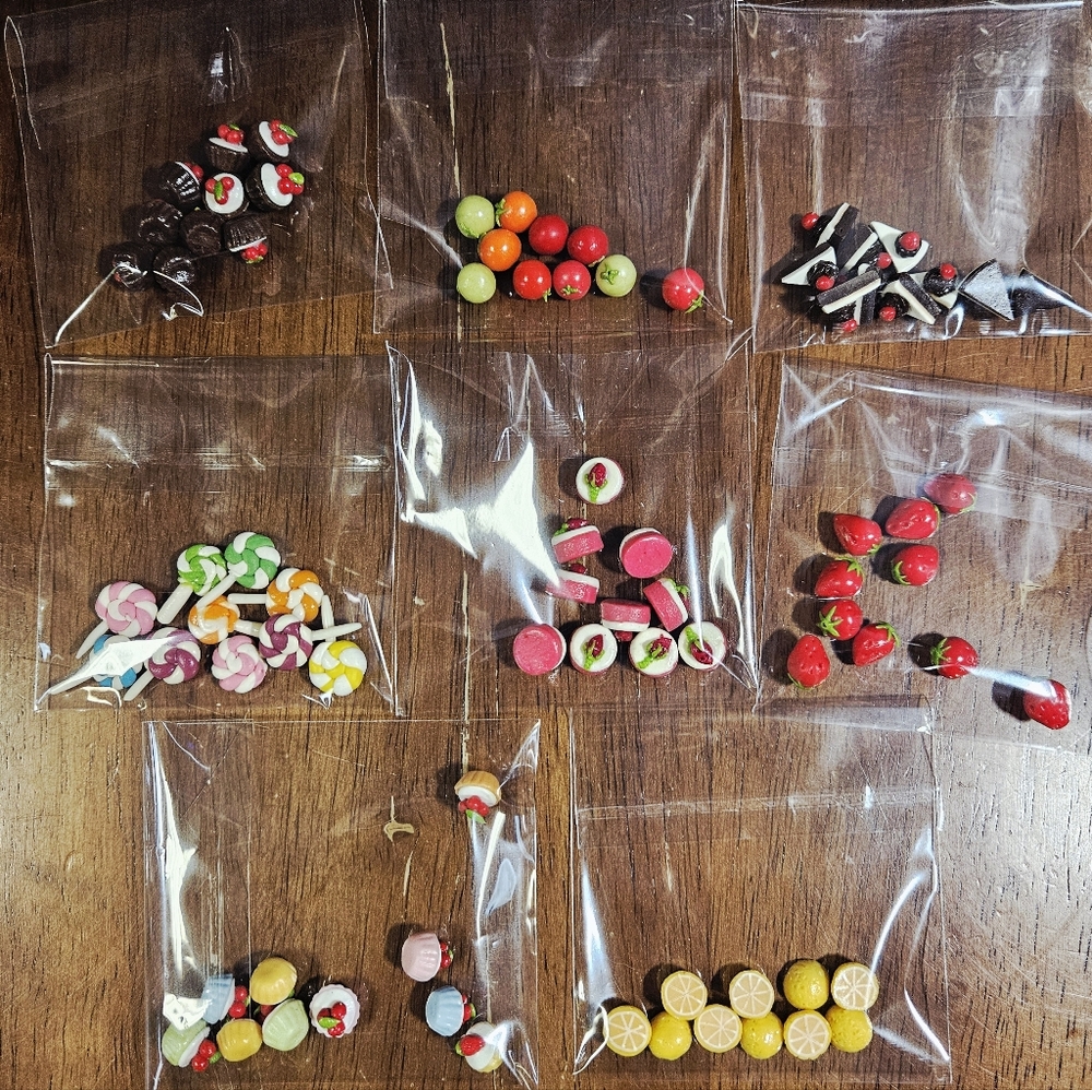 Miniature Food Lot Doll House Fairy Garden Polymer Clay 80 Pieces 10 Per Bag